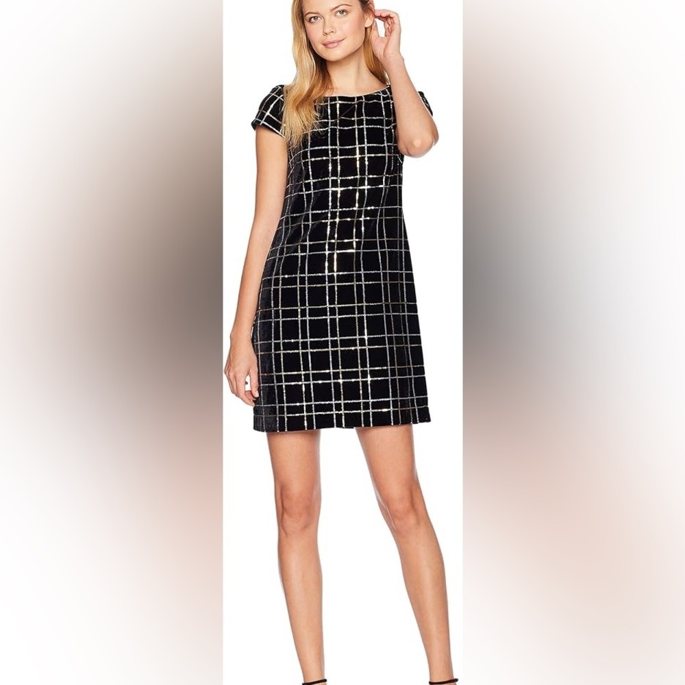 Vince Camuto Women's Plaid Sequin Velvet Shift Dress, Black/Metallic
